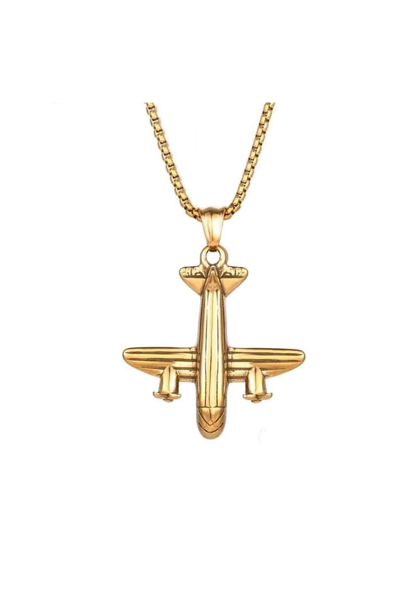Unisex Stainless Steel Domineering Vintage Hip Hop Motorcycle Machine Airplane Aircraft Model Biker Pendant Necklace Gold with Chain