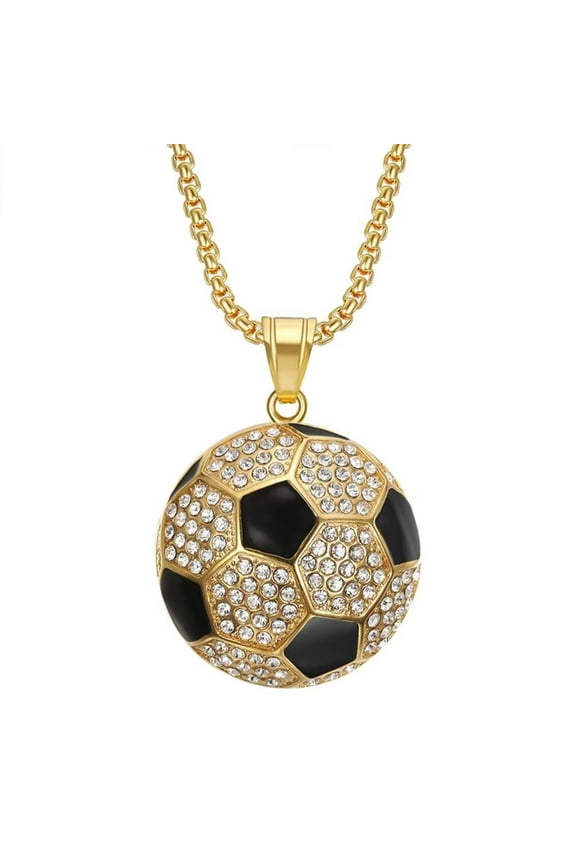Unisex Stainless Steel Hip Hop Cool Simulation Stereoscopic Sports Soccer Pendant Necklace Ice Out Crystal Inlay Small Gold with Chain