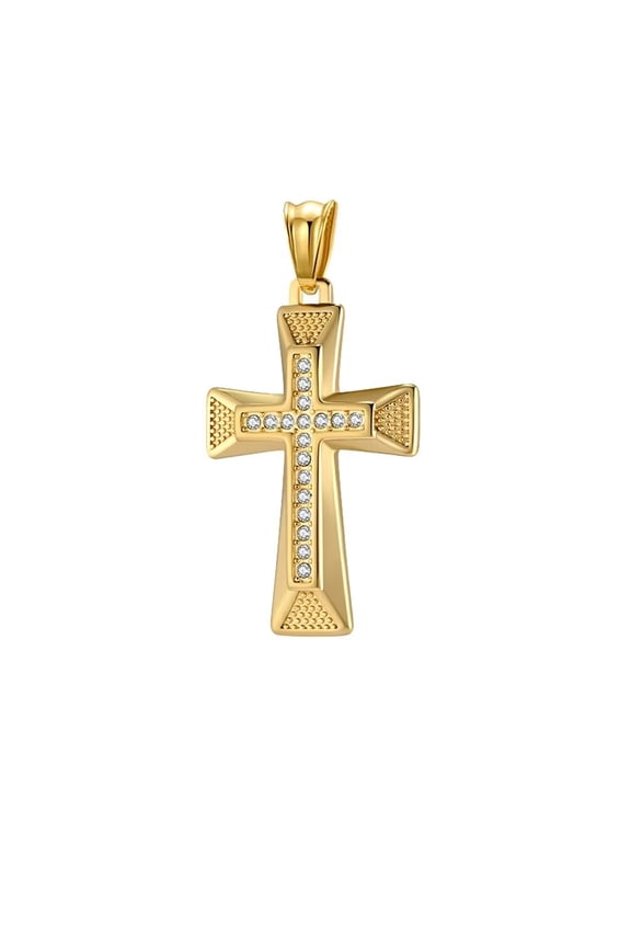 Unisex Stainless Steel Hip Hop Crystal Micro-Pave Iced Out Round Zircon Inlay Cross Pendant Amulet Crucifix Necklace Gold Free Chain