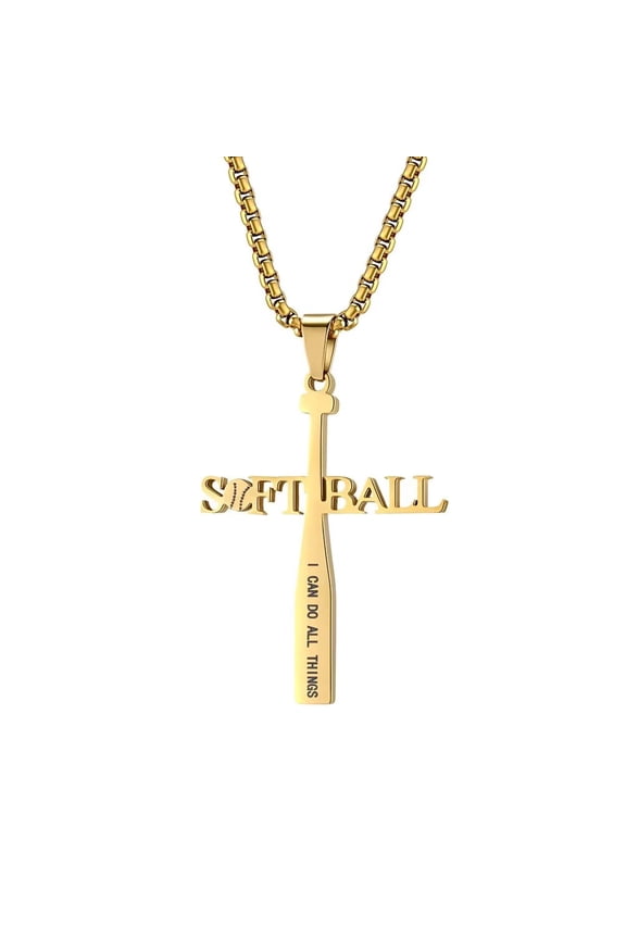 Unisex Stainless Steel Hip Hop Hollow Sport Baseball Engravd Letter SOFTBALL Cross Pendant Amulet Crucifix Necklace Gold 23.6" Chain