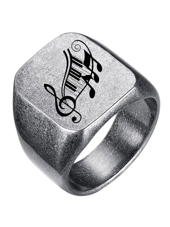 Unisex Stainless Steel Music Note Piano Pattern Signet Ring 18mm Polished Square Laser Engraved Personalized Band Vintage Durable Statement Musician Jewelry Antique Silver Size 10