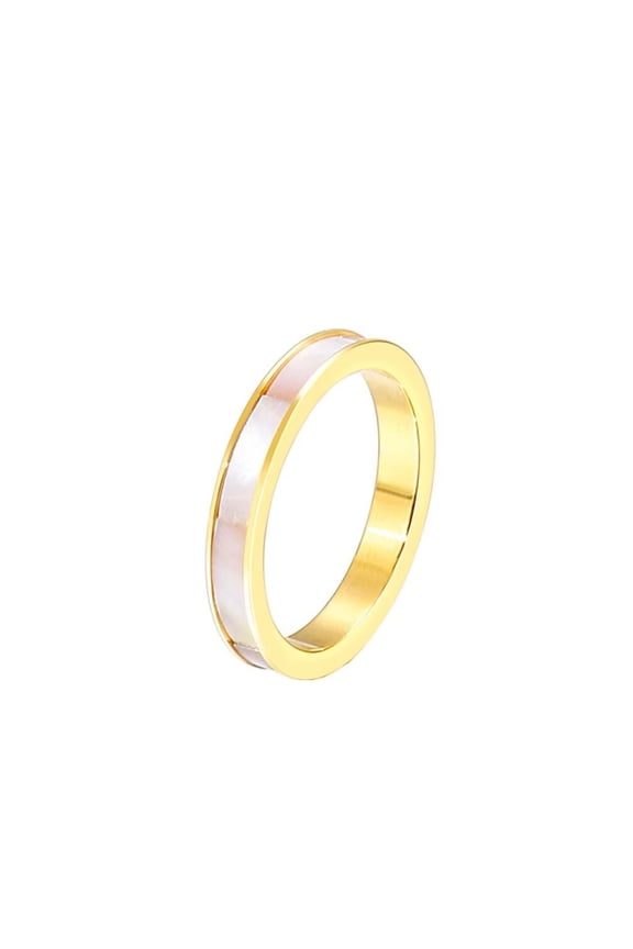 Unisex Stainless Steel Personality Classic Creative 3mm Thin White Abalone Shell Inlay Stackable Ring Eternity Wedding Band Gold Size 11