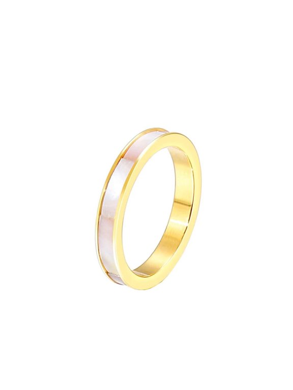 Unisex Stainless Steel Personality Classic Creative 3mm Thin White Abalone Shell Inlay Stackable Ring Eternity Wedding Band Gold Size 8