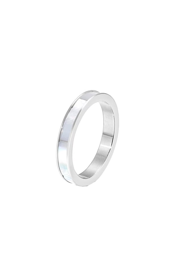 Unisex Stainless Steel Personality Classic Creative 3mm Thin White Abalone Shell Inlay Stackable Ring Eternity Wedding Band Silver Size 12