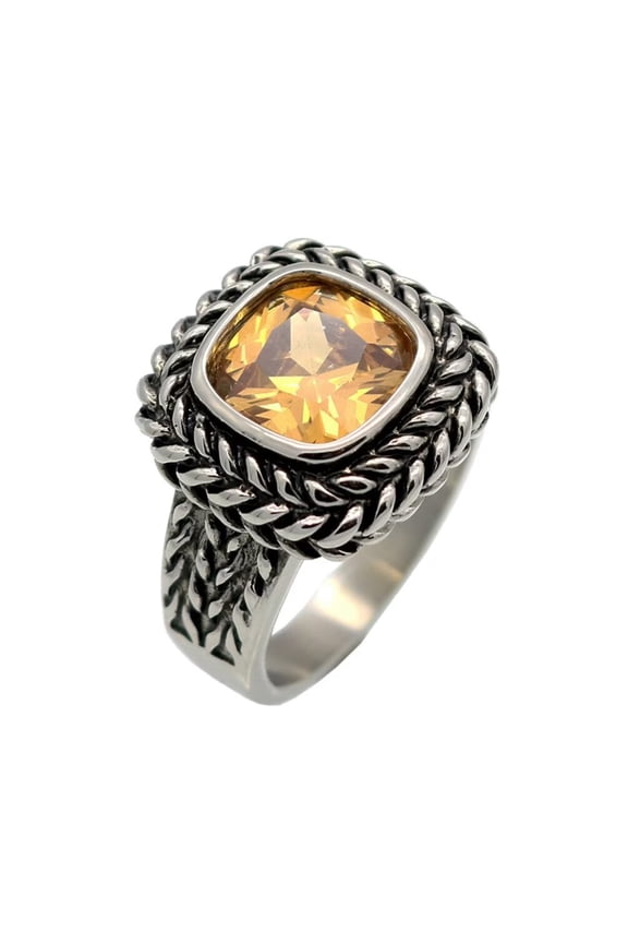 Unisex Stainless Steel Personality Classic Square Cut Orange Gemstone Rhinestones Signet Wedding Ring Gothic Punk Comfort Fit Hip Hop Size 11