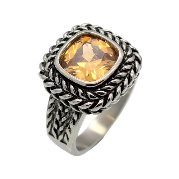 PAMTIER Unisex Stainless Steel Personality Classic Square Cut Orange Gemstone Rhinestones Signet Wedding Ring Gothic Punk Comfort Fit Hip Hop Size 12