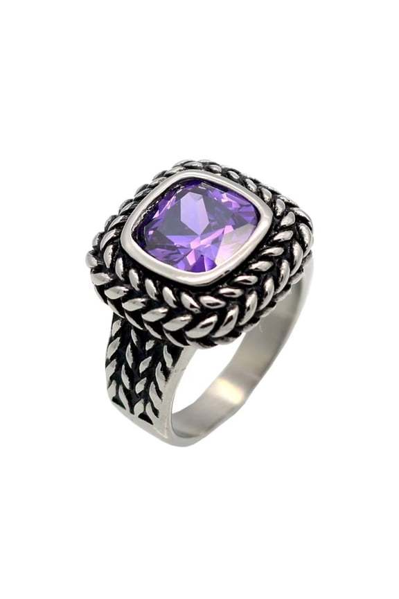 Unisex Stainless Steel Personality Classic Square Cut Purple Gemstone Rhinestones Signet Wedding Ring Gothic Punk Comfort Fit Hip Hop Size 10