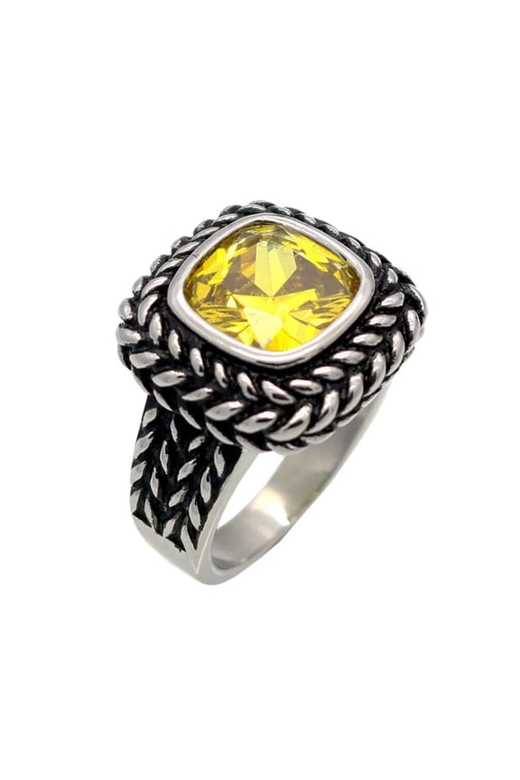 Unisex Stainless Steel Personality Classic Square Cut Yellow Gemstone Rhinestones Signet Wedding Ring Gothic Punk Comfort Fit Hip Hop Size 12