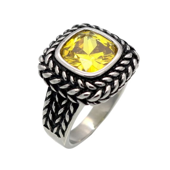 PAMTIER Unisex Stainless Steel Personality Classic Square Cut Yellow Gemstone Rhinestones Signet Wedding Ring Gothic Punk Comfort Fit Hip Hop Size 7