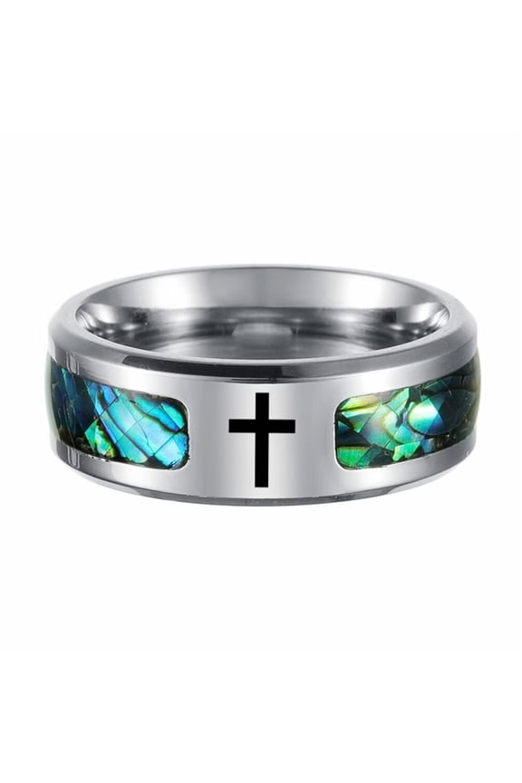 Unisex Stainless Steel Personality Cool 8MM Inlay Rainbow Abalone Seashell Cross Signet Amulet Crucifix Ring Beveled Edges Size 13