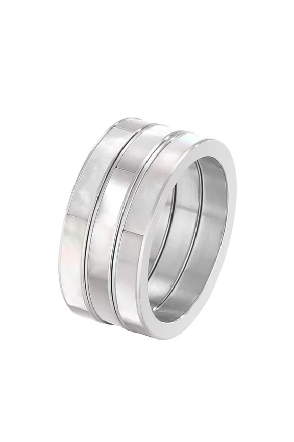 Unisex Stainless Steel Personality Creative Multi-Ring Combination 3 in 1 White Shell Inlay Biker Ring Trinity Wedding Band Silver Size 7