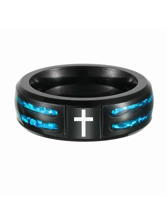 Unisex Stainless Steel Personality Hip Hop 8MM Inlay Blue Imitation Opal Cross Signet Amulet Crucifix Ring Beveled Edges Black Size 7
