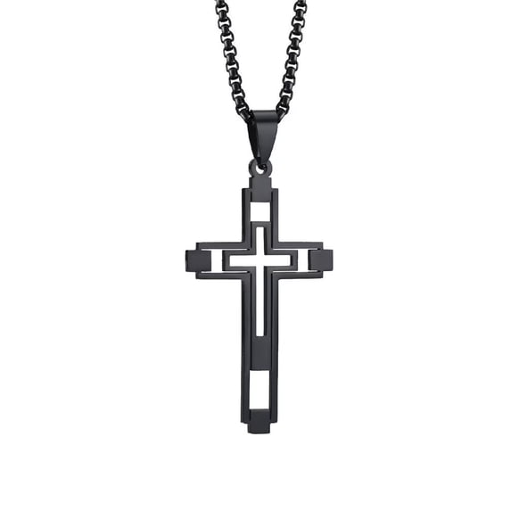 PAMTIER Unisex Stainless Steel Personality Hip Hop Creative Cutout Openwork Cross Pendant Amulet Crucifix Necklace Simple Jewelry Black Free Chain