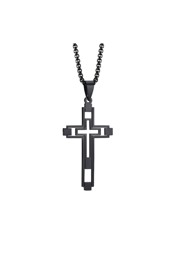 Unisex Stainless Steel Personality Hip Hop Creative Cutout Openwork Cross Pendant Amulet Crucifix Necklace Simple Jewelry Black Free Chain