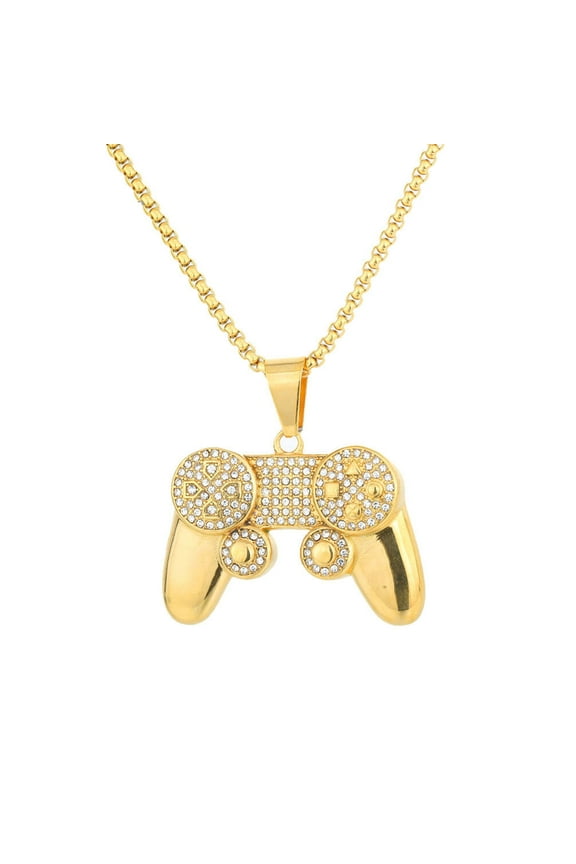 Unisex Stainless Steel Personality Hip Hop Punk Game Controller Shape Crystal Micro-Pave Zircon Inlay Pendant Necklace with Chain