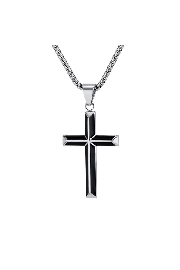 Unisex Stainless Steel Personality Hip Hop Punk Rhomboids Cut Inclined Plane Cross Biker Crucifix Necklace Silver No Chain