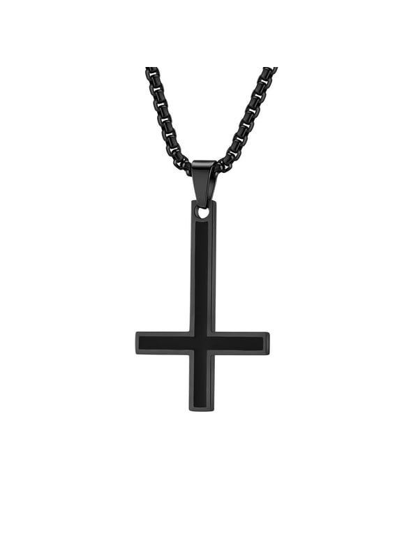 Unisex Stainless Steel Personality Rock Smooth Inverted Cross Pendant Amulet Crucifix Necklace Hip Hop Non-mainstream Black Free Chain