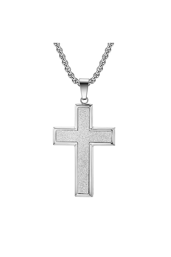 Unisex Stainless Steel Personality Simple Large Scrub Sandblast Finish Cross Biker Pendant Faith Crucifix Necklace Silver with 23.6" Chain