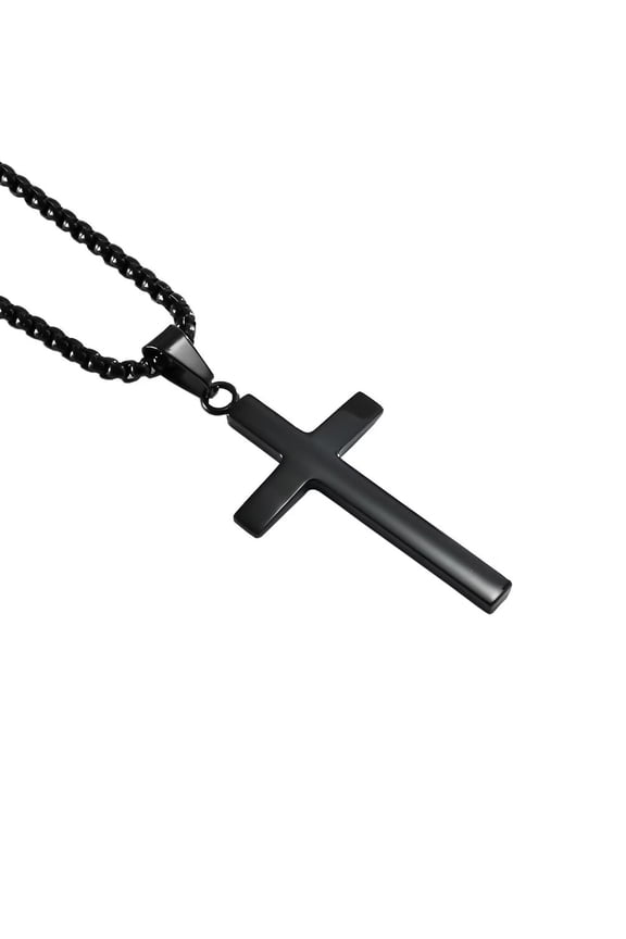Unisex Stainless Steel Personality Simple Plain 2 Bevel Face Cross Pendant Amulet Crucifix Necklace Christian Jewelry Black Free Chain