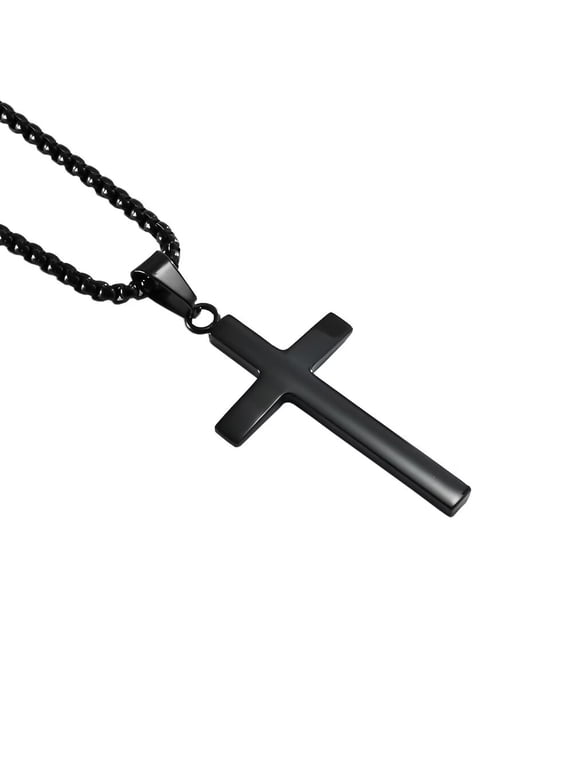 Unisex Stainless Steel Personality Simple Plain 2 Bevel Face Cross Pendant Amulet Crucifix Necklace Christian Jewelry Black Free Chain