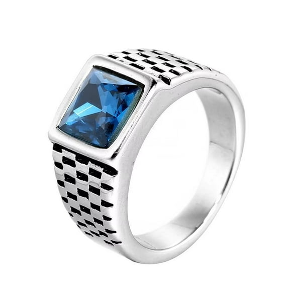 PAMTIER Unisex Stainless Steel Personality Vintage Game of Chess Pattern Square Cut Light Blue Gemstone Biker Ring Punk Statement Silver Size 7