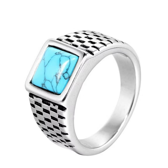 PAMTIER Unisex Stainless Steel Personality Vintage Game of Chess Pattern Square Cut Simulated Turquoise Gemstone Biker Ring Statement Silver Size 13