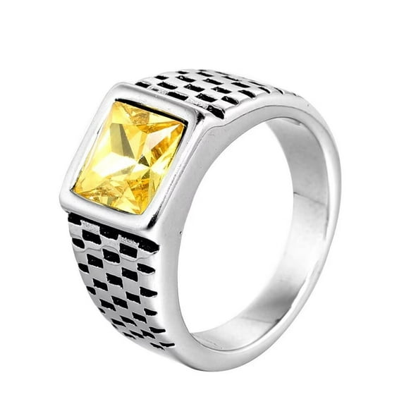 PAMTIER Unisex Stainless Steel Personality Vintage Game of Chess Pattern Square Cut Yellow Gemstone Biker Ring Punk Statement Silver Size 13