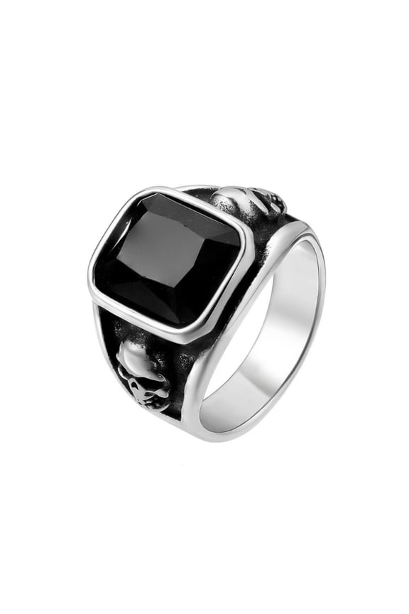 Unisex Stainless Steel Personality Vintage Hip Hop Punk Skull Head with Square Cut Large Black Gemstone Biker Ring Silver Size 7