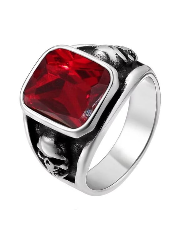 Unisex Stainless Steel Personality Vintage Hip Hop Punk Skull Head with Square Cut Large Red Gemstone Biker Ring Silver Size 7