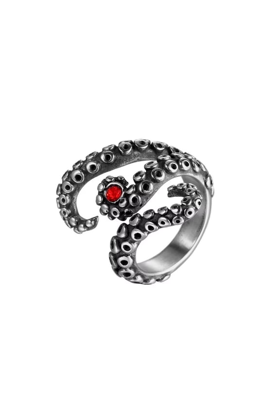 Unisex Stainless Steel Personality Vintage Punk Octopus Opening Finger Ring Red Gemstone Tentacle Nautical Sea Monster Squid Silver Size 10