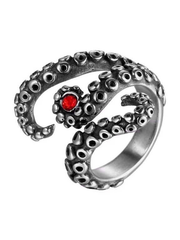 Unisex Stainless Steel Personality Vintage Punk Octopus Opening Finger Ring Red Gemstone Tentacle Nautical Sea Monster Squid Silver Size 12