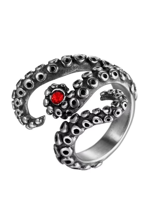 Unisex Stainless Steel Personality Vintage Punk Octopus Opening Finger Ring Red Gemstone Tentacle Nautical Sea Monster Squid Silver Size 9