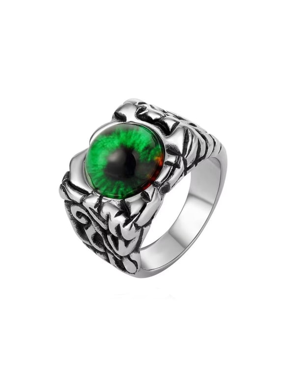 Unisex Stainless Steel Personality Vintage Round Cut Bloody Green Gemstone Devil's Eye Cracks Signet Biker Ring Gothic Punk Statement Size 13