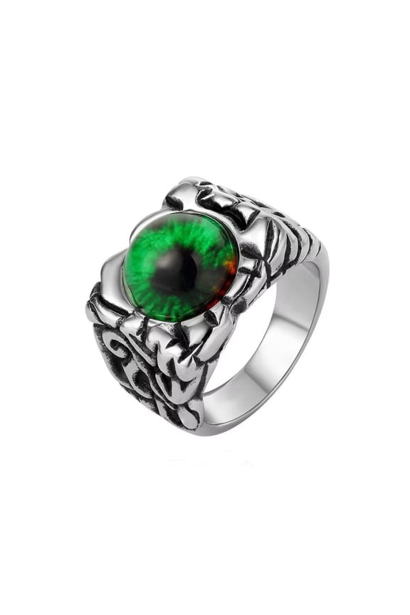 Unisex Stainless Steel Personality Vintage Round Cut Bloody Green Gemstone Devil's Eye Cracks Signet Biker Ring Gothic Punk Statement Size 8