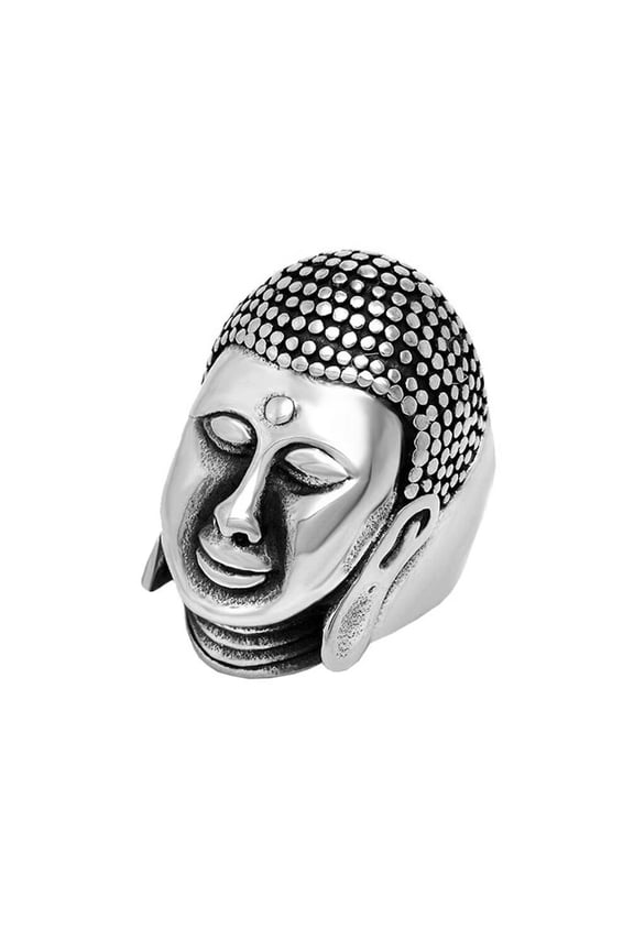 Unisex Stainless Steel Personality Vintage Tibetan Buddhist Sakyamuni Tathagata Buddha Head Biker Amulet Ring Chinese Style Silver Size 9