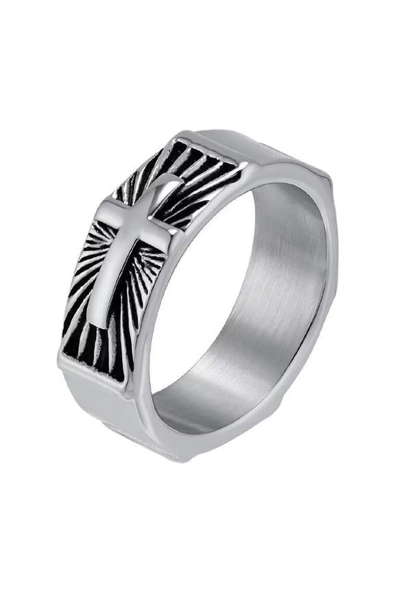 Unisex Stainless Steel Punk Hip Hop 8mm Prayer Church Sideways Cross Signet Amulet Crucifix Ring Silver Size 7
