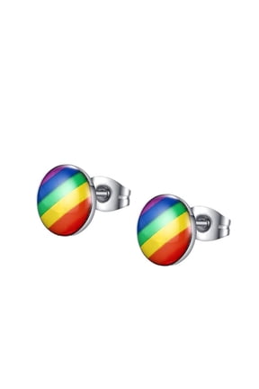Unisex Stainless Steel Rainbow Diagonal Stripe Enamel Stud Earring for LGBTQ, Round Dome Epoxy Coating, Pride Symbol Minimalist Jewelry