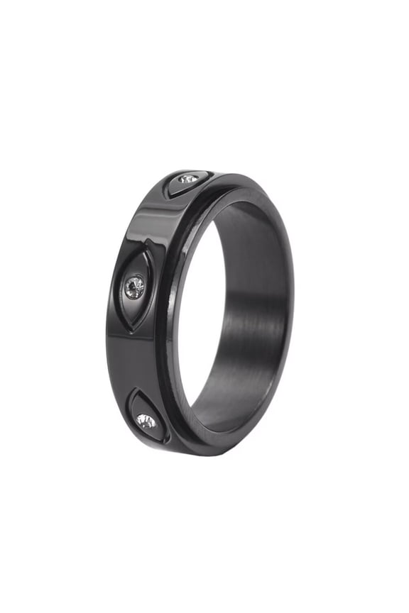 Unisex Stainless Steel Retro All Seeing Eye of God Rotatable Fidget Ring with White CZ Engraved Demon Evil Eye Anxiety Band Black Size 7