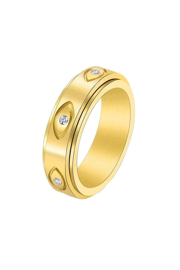 Unisex Stainless Steel Retro All Seeing Eye of God Rotatable Fidget Ring with White CZ Engraved Demon Evil Eye Anxiety Band Gold Size 7