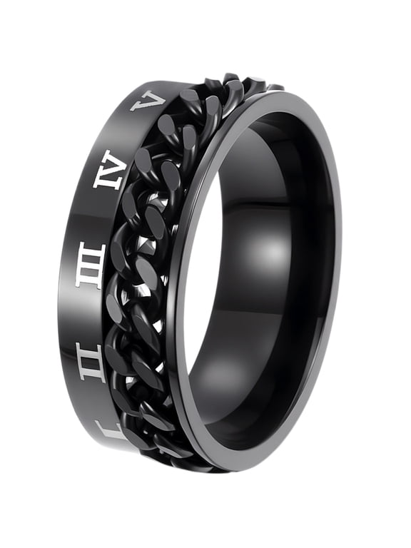 Unisex Stainless Steel Roman Numeral Chain Link Rotatable Rings Personalized Bold Durable Band Cool Punk Jewelry Gift for Men Women Black Size 8