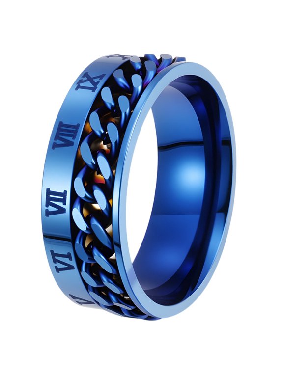 Unisex Stainless Steel Roman Numeral Chain Link Rotatable Rings Personalized Bold Durable Band Cool Punk Jewelry Gift for Men Women Blue Size 11