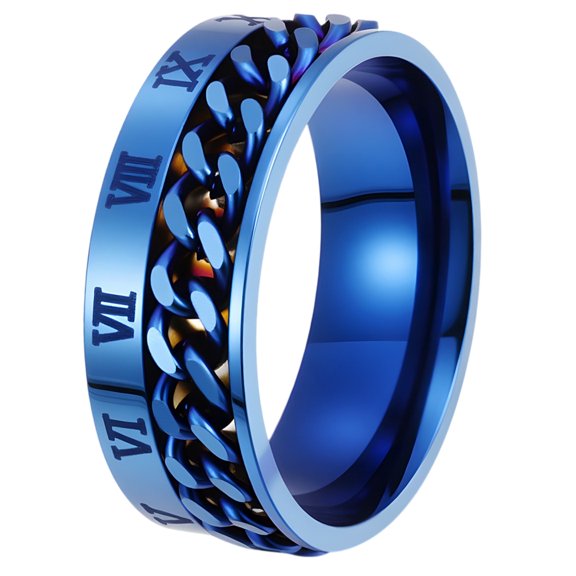 PAMTIER Unisex Stainless Steel Roman Numeral Chain Link Rotatable Rings Personalized Bold Durable Band Cool Punk Jewelry Gift for Men Women Blue Size 12