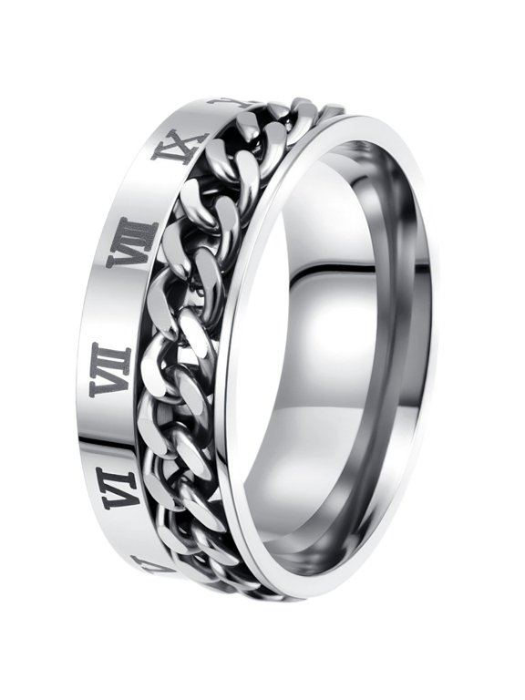 Unisex Stainless Steel Roman Numeral Chain Link Rotatable Rings Personalized Bold Durable Band Cool Punk Jewelry Gift for Men Women Silver Plated Size 9