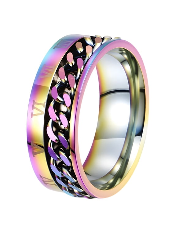 Unisex Stainless Steel Roman Numeral Chain Link Rotatable Rings Personalized Bold Durable Band Cool Punk Jewelry Gift for Men Women Style 2 Size 5
