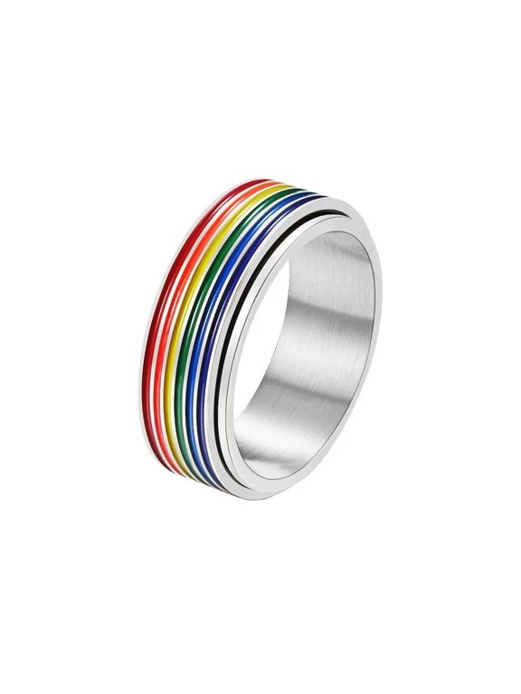 Unisex Stainless Steel Rotatable Rainbow Stripe Flag Gay Lesbian LGBT Pride Lala Sign Lucky Ring Wedding Promise Band Silver Size 11