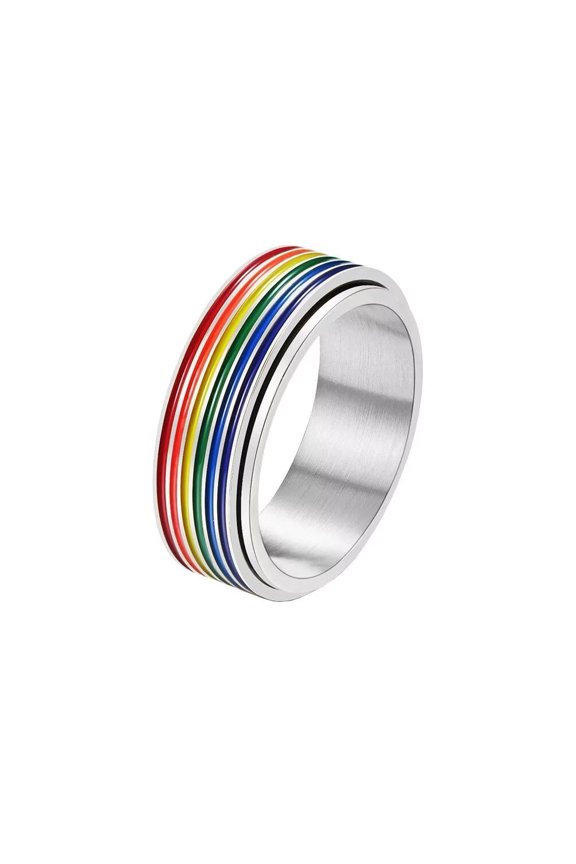 Unisex Stainless Steel Rotatable Rainbow Stripe Flag Gay Lesbian LGBT Pride Lala Sign Lucky Ring Wedding Promise Band Silver Size 7