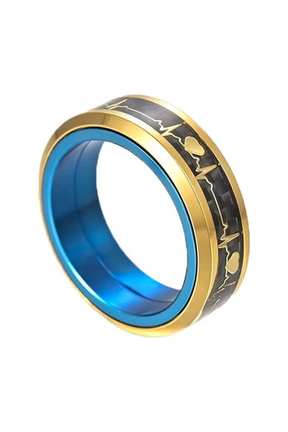 Unisex Stainless Steel Rotatable Talisman Two-Color Heartbeat Heart Exquisite Retro Birthday Gift Festival Ring Blue Gold Size 13