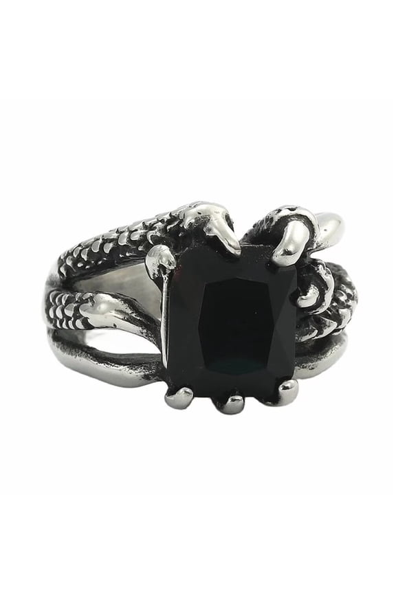 Unisex Stainless Steel Silver Vintage Classic Hollow Dragon Claw Square Gemstone Signet Biker Ring Gothic Punk Statement Black Stone Size 9