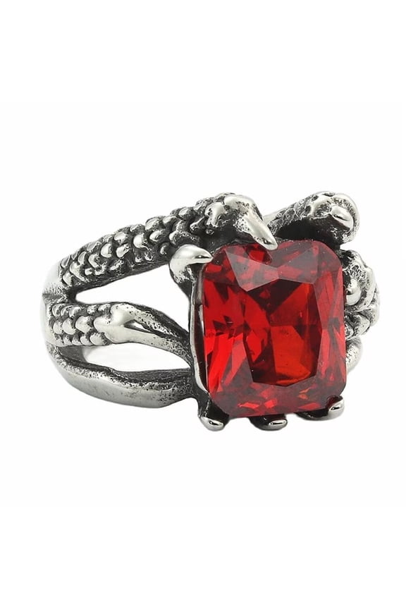 Unisex Stainless Steel Silver Vintage Classic Hollow Dragon Claw Square Gemstone Signet Biker Ring Gothic Punk Statement Red Stone Size 7