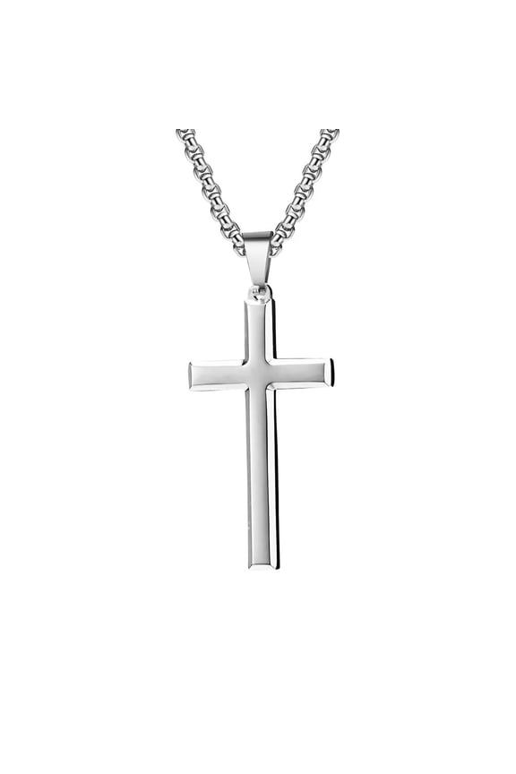Unisex Stainless Steel Simple Classic Religion Beveled Edges Cross Pendant Couple Amulet Crucifix Necklace Prayer Bless Silver No Chain